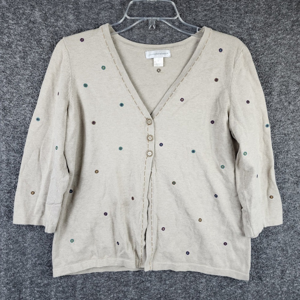 Christopher & Banks Cardigan Womens M Beige Polka Dot Embroidered 3/4 Sleeve EUC